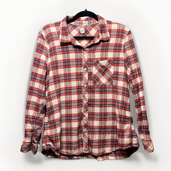 GAP Womens Flannel Shirt Size XXL Long Sleeve Plaid Button Down Red Blue White - Picture 1 of 8